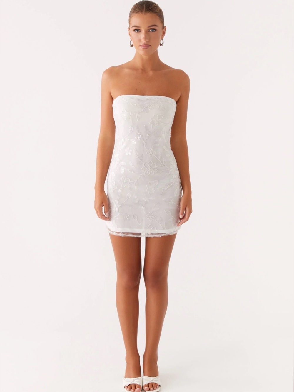 🦋PEPPERMAYO Women’s Strapless Moorey Beaded Mini Dress - White Silver XL